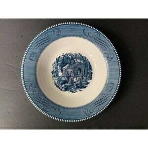 Vintage Royal Currier & Ives 9 1/8” Serving Bowl, Maple Sugaring Blue  White-USA